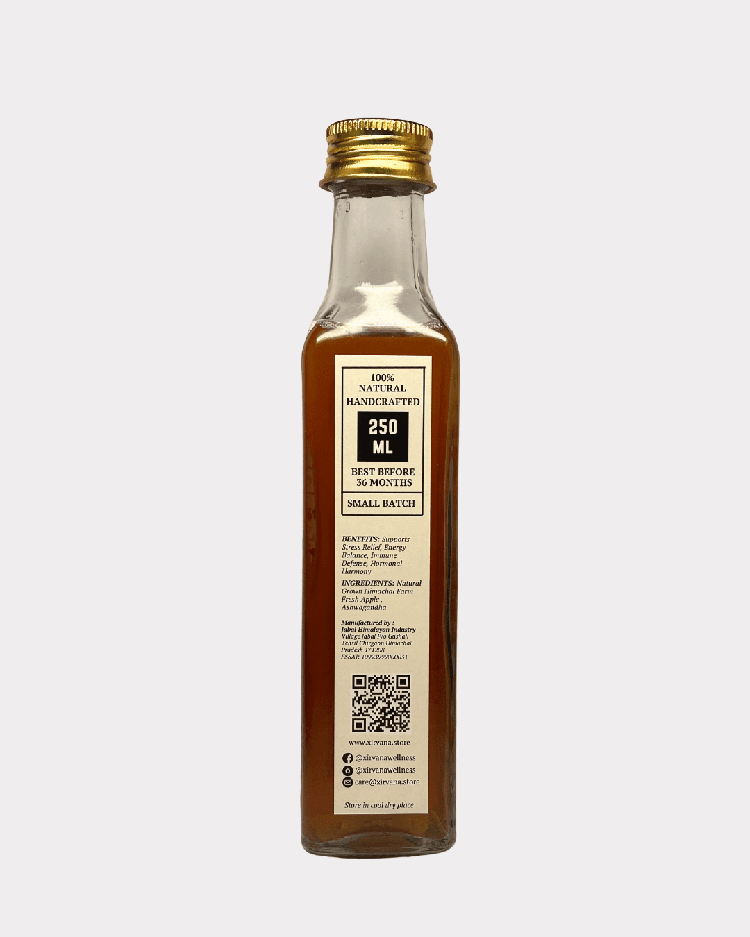 Apple cider vinegar infused with ashwagandha for stress relief and balance.
